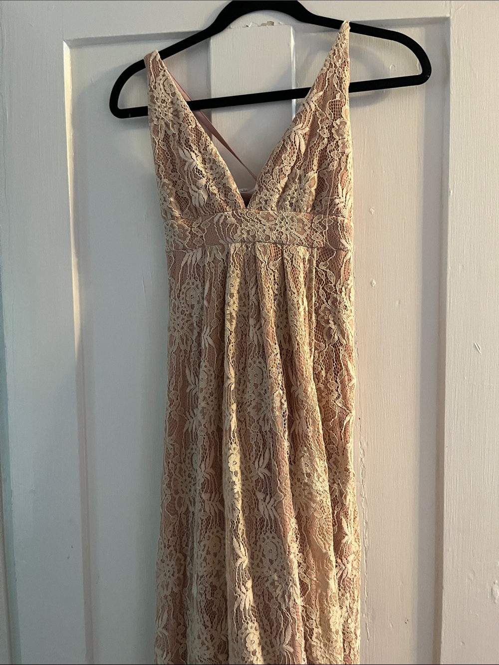 Lulu's Blush and Cream Lace V-Neck Maxi Dress